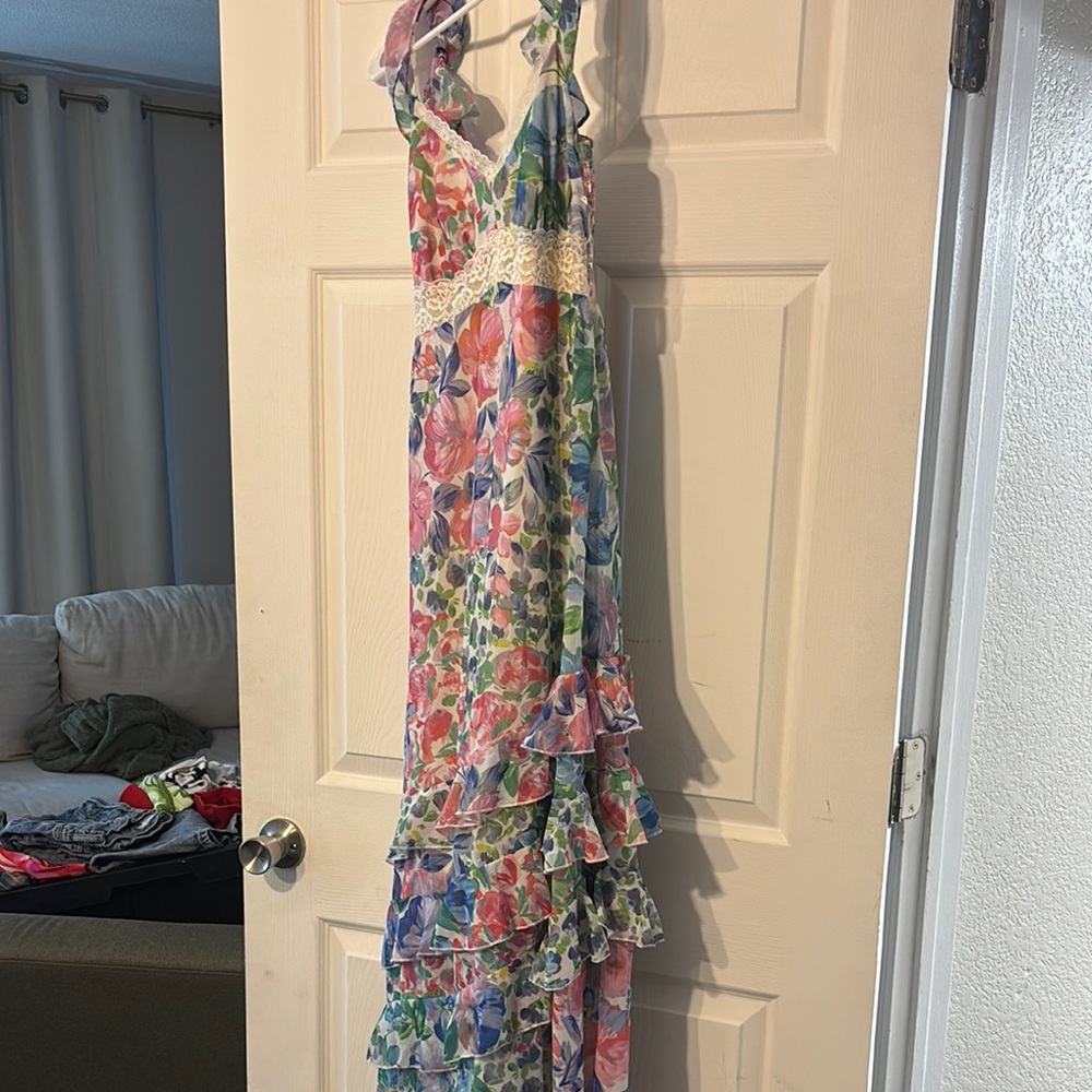 SO Pink and Green Ruffled Tiered Sundress